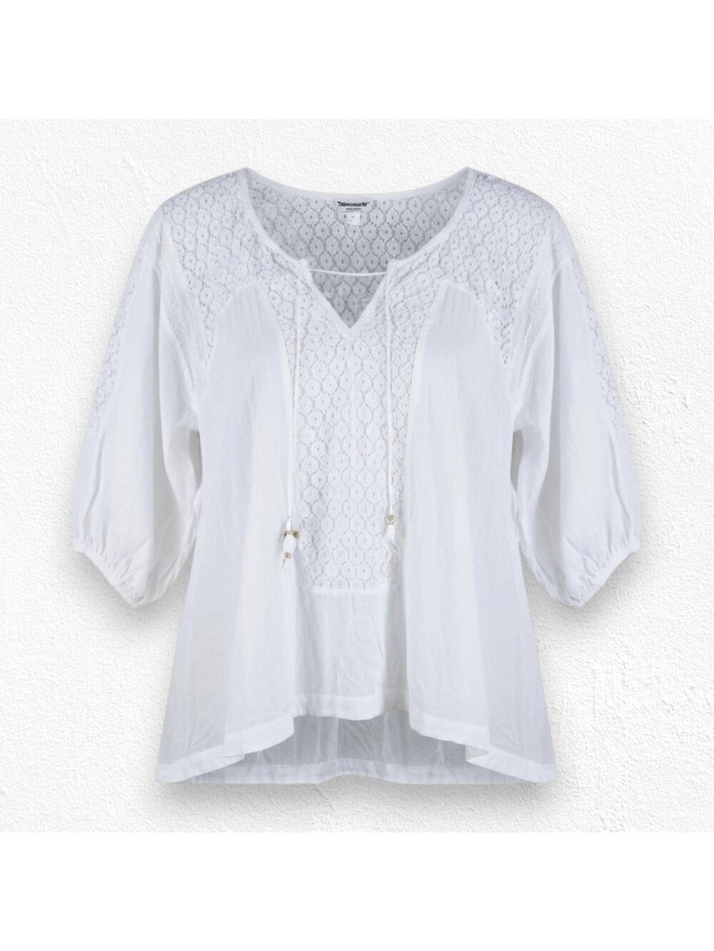 Free People White Floral Lace V Neck Peasant Boho Relaxed Blouse Size Small